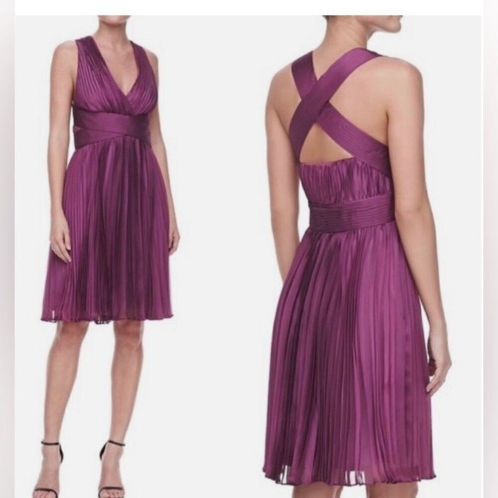 HALSTON H HERITAGE PURPLE CROSS ACCORDION PLEATED MINI DRESS SIZE 8